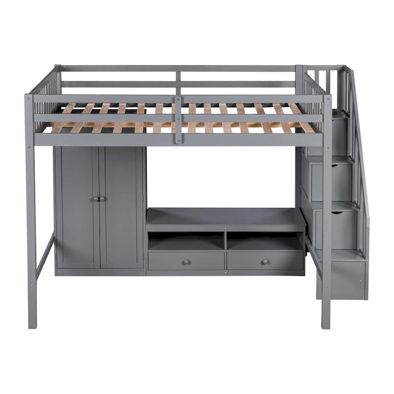Full Size Solid Wood Loft Bed Frame with Wardrobe, Low Storage Table and Storage Staircase
