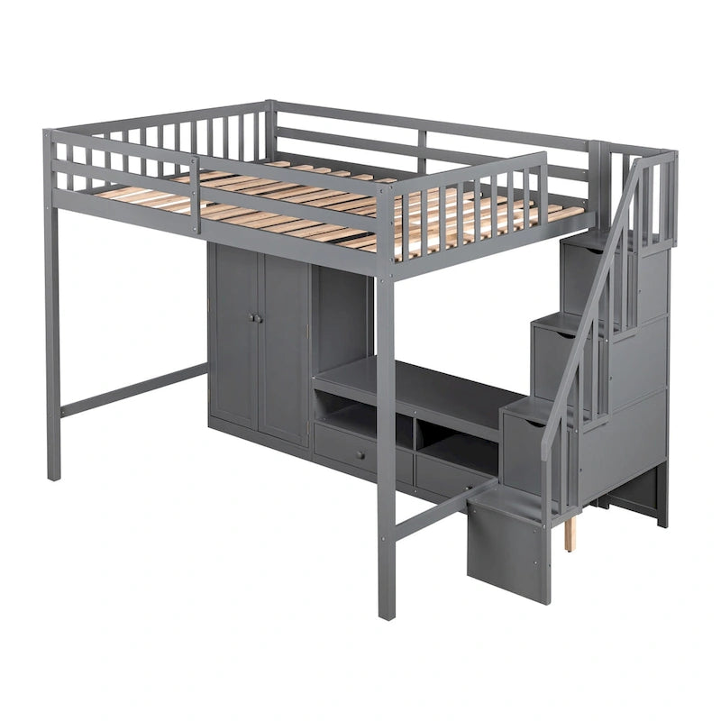 Full Size Solid Wood Loft Bed Frame with Wardrobe, Low Storage Table and Storage Staircase
