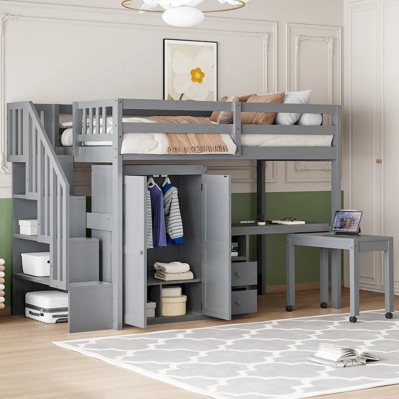 Twin Loft Bed with Staircase & Study Station and 5-in-1 Storage, 300lb Capacity