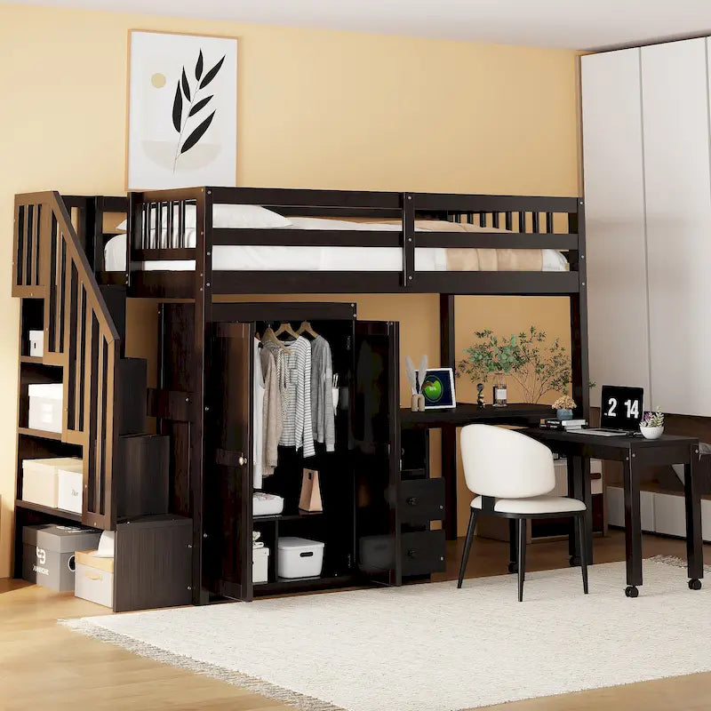 Twin Loft Bed with Staircase & Study Station and 5-in-1 Storage, 300lb Capacity
