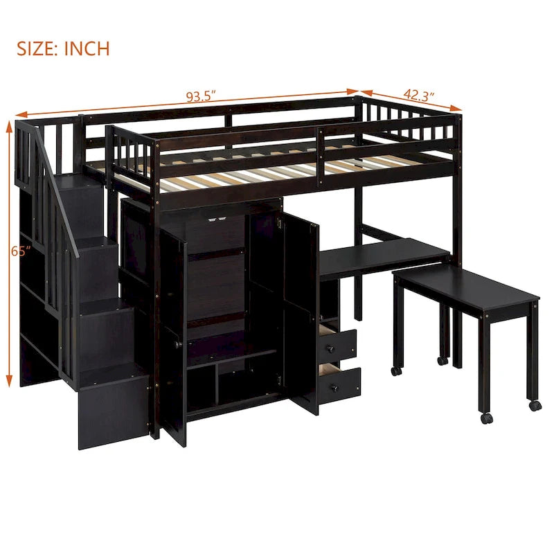 Twin Loft Bed with Staircase & Study Station and 5-in-1 Storage, 300lb Capacity