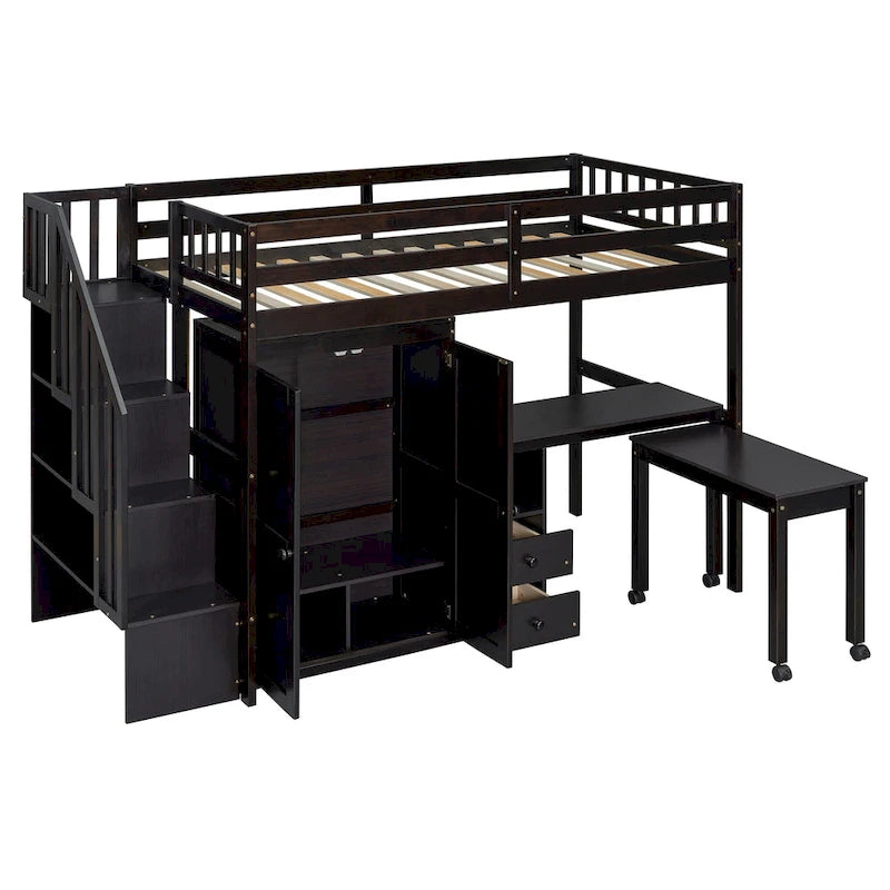 Twin Loft Bed with Staircase & Study Station and 5-in-1 Storage, 300lb Capacity