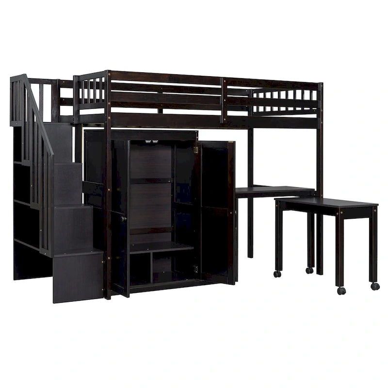 Twin Loft Bed with Staircase & Study Station and 5-in-1 Storage, 300lb Capacity