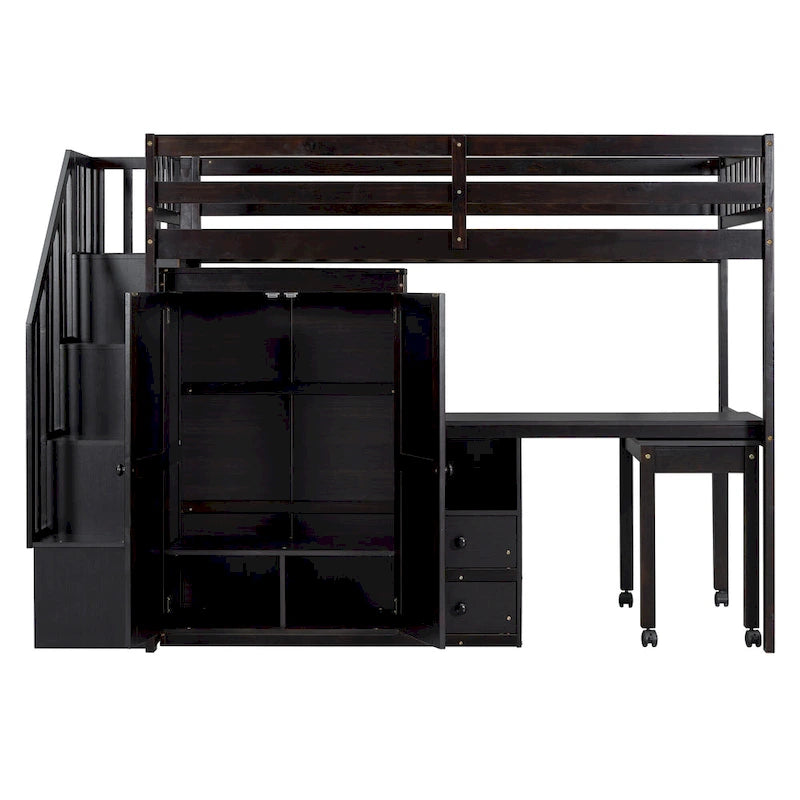Twin Loft Bed with Staircase & Study Station and 5-in-1 Storage, 300lb Capacity