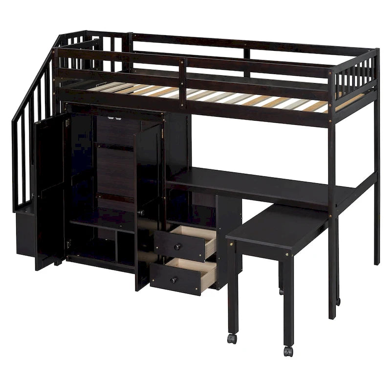 Twin Loft Bed with Staircase & Study Station and 5-in-1 Storage, 300lb Capacity