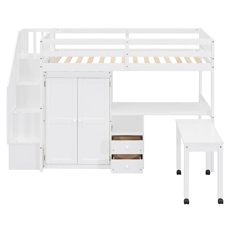 Twin Loft Bed with Staircase & Study Station and 5-in-1 Storage, 300lb Capacity