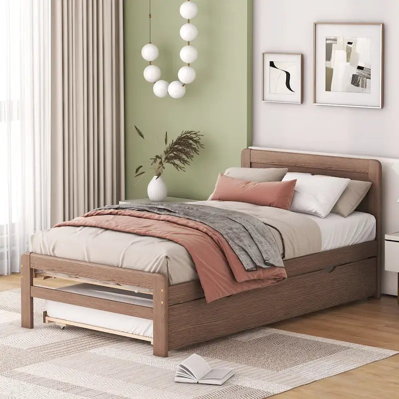 Brown Twin Platform Bed Frame in Solid Wood with Trundle and Modern Wood Headboard