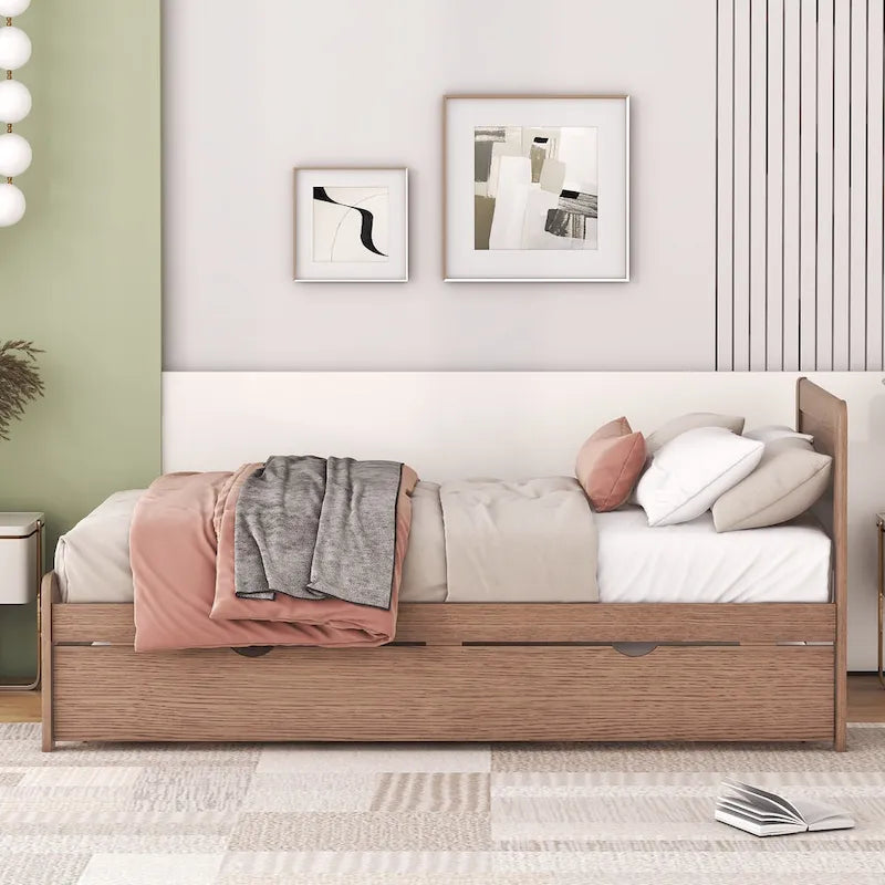 Brown Twin Platform Bed Frame in Solid Wood with Trundle and Modern Wood Headboard