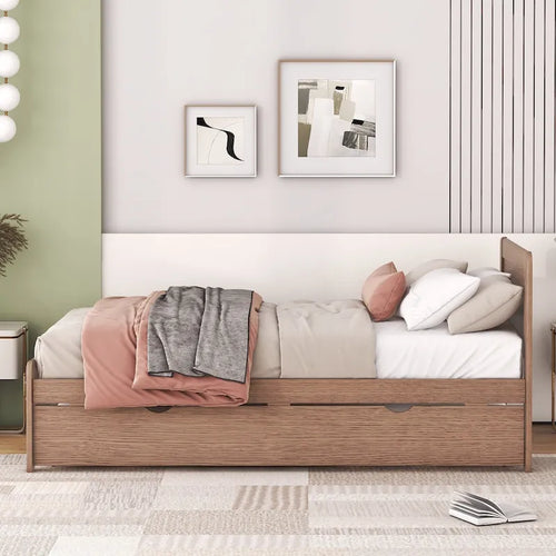 Struttura letto singolo a piattaforma marrone in legno massello con letto estraibile e testiera moderna in legno