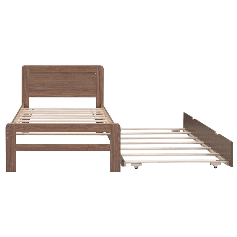Brown Twin Platform Bed Frame in Solid Wood with Trundle and Modern Wood Headboard