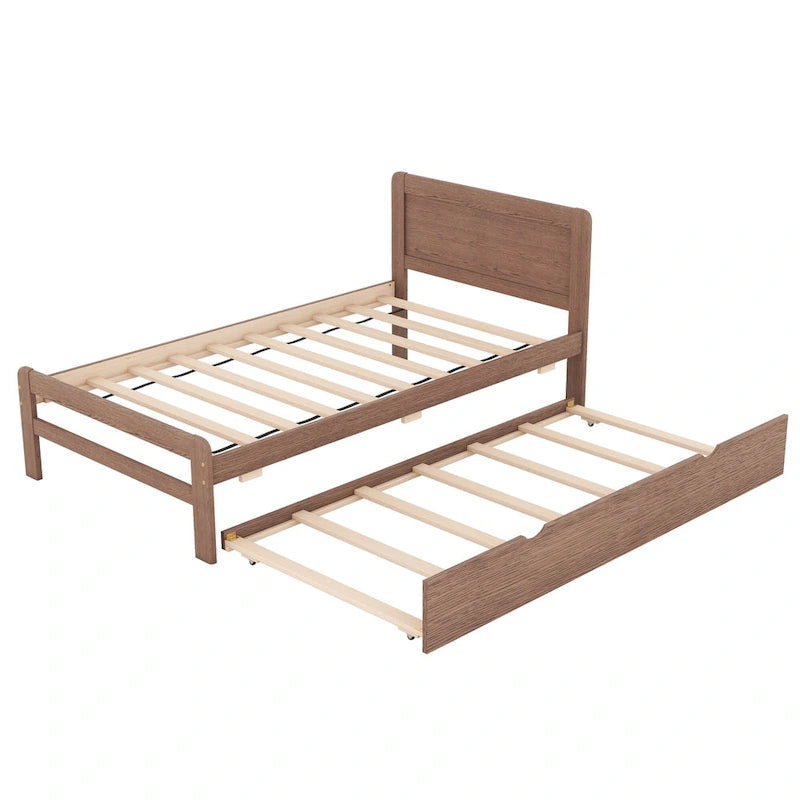 Brown Twin Platform Bed Frame in Solid Wood with Trundle and Modern Wood Headboard