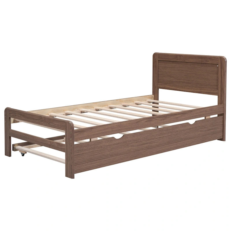 Brown Twin Platform Bed Frame in Solid Wood with Trundle and Modern Wood Headboard