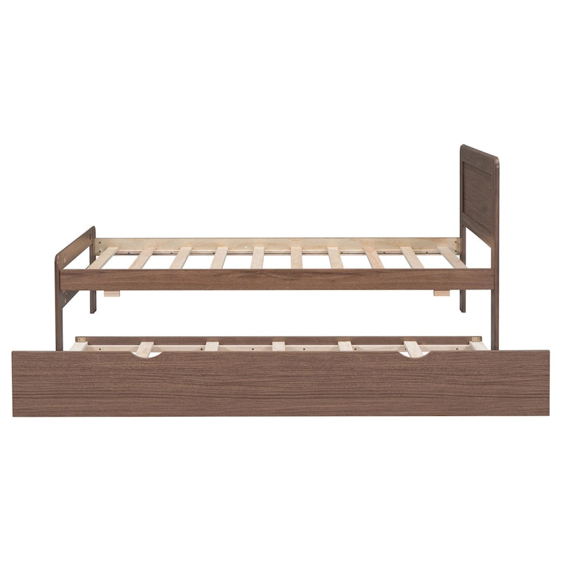 Brown Twin Platform Bed Frame in Solid Wood with Trundle and Modern Wood Headboard