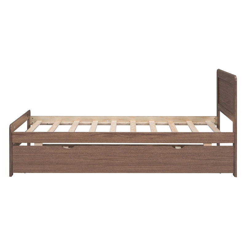 Brown Twin Platform Bed Frame in Solid Wood with Trundle and Modern Wood Headboard