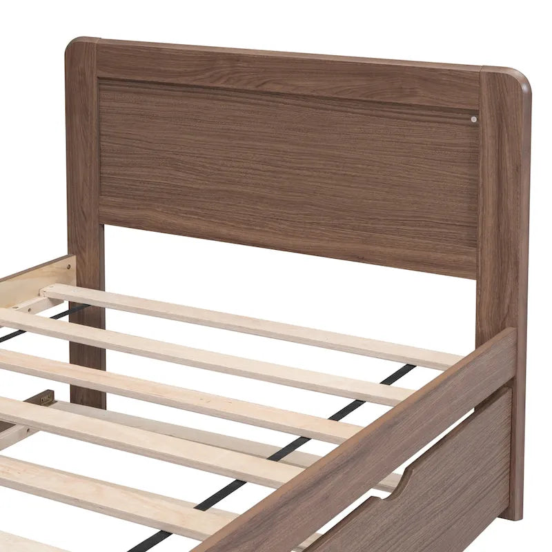 Brown Twin Platform Bed Frame in Solid Wood with Trundle and Modern Wood Headboard