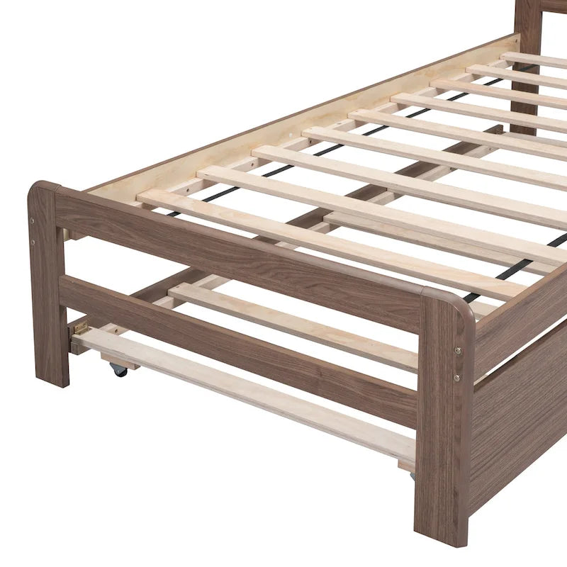 Brown Twin Platform Bed Frame in Solid Wood with Trundle and Modern Wood Headboard