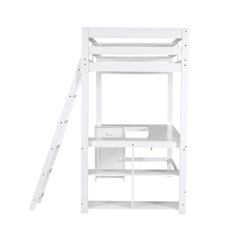 White Twin Size Solid Wood Loft Bed with Desk, Blackboard, and Storage