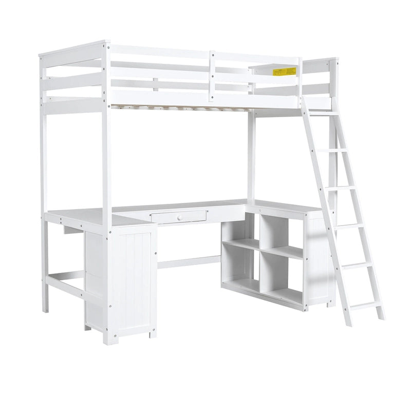 Weißes Hochbett aus Massivholz in Twin-Größe mit Schreibtisch, Tafel und Stauraum