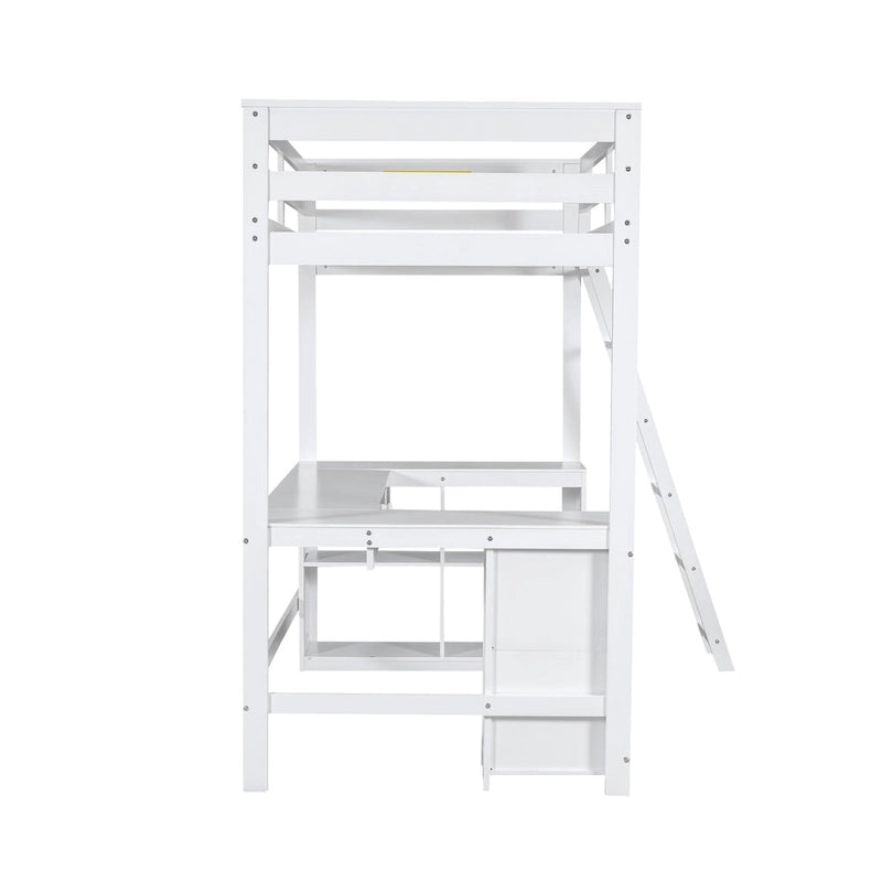 White Twin Size Solid Wood Loft Bed with Desk, Blackboard, and Storage