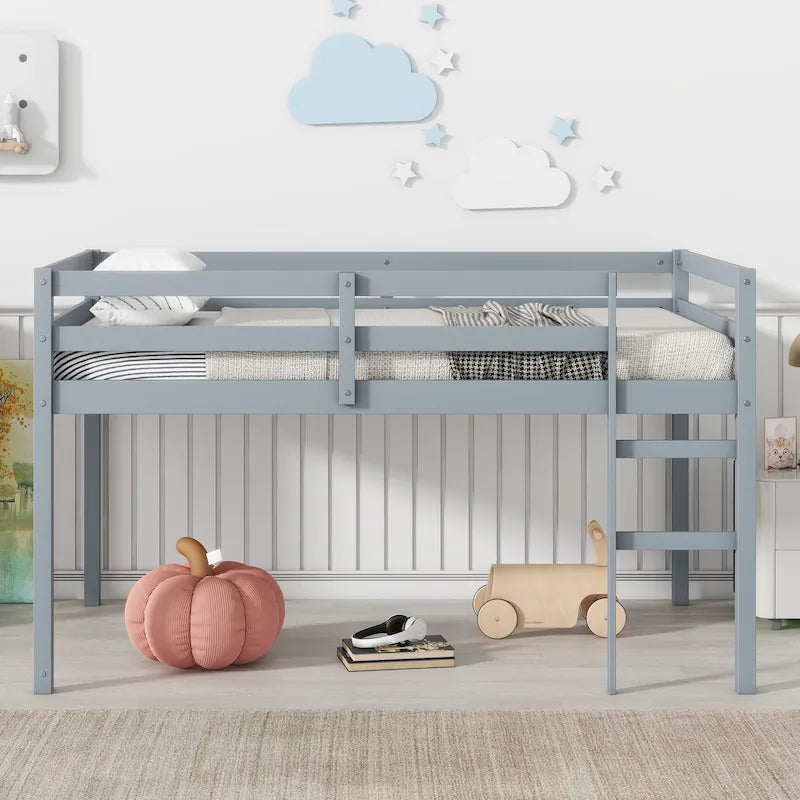 Grey Twin Size Rubber Wooden Loft Bed with Ladder, Bed Platform of Strengthened Slats