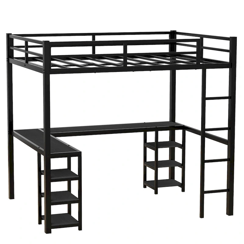 Black Full Size Metal Size Loft Bed with Desk and Shelves, Loft Bed with Ladder and Guardrails, Loft Bed Frame for Bedroom