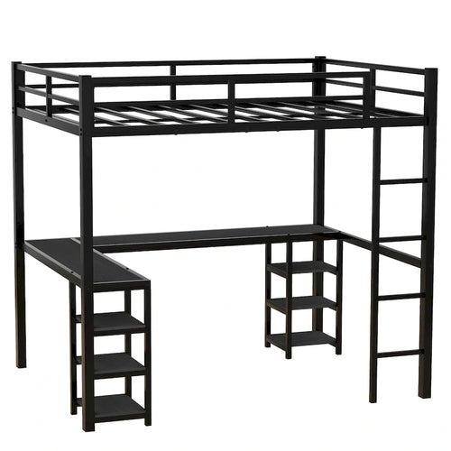 Black Full Size Metal Size Loft Bed with Desk and Shelves, Loft Bed with Ladder and Guardrails, Loft Bed Frame for Bedroom