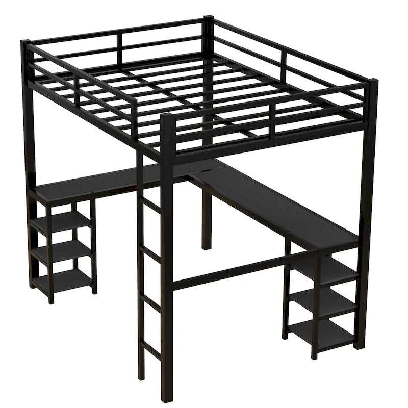 Black Full Size Metal Size Loft Bed with Desk and Shelves, Loft Bed with Ladder and Guardrails, Loft Bed Frame for Bedroom