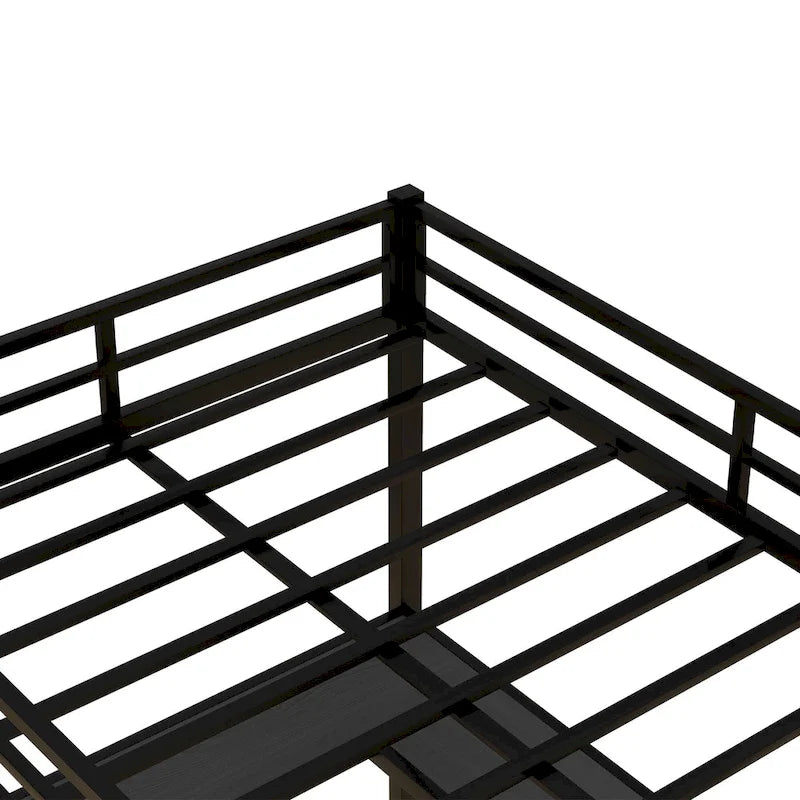 Black Full Size Metal Size Loft Bed with Desk and Shelves, Loft Bed with Ladder and Guardrails, Loft Bed Frame for Bedroom