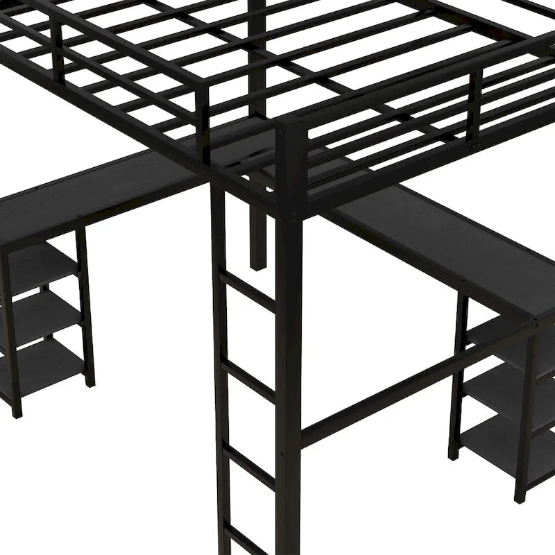 Black Full Size Metal Size Loft Bed with Desk and Shelves, Loft Bed with Ladder and Guardrails, Loft Bed Frame for Bedroom