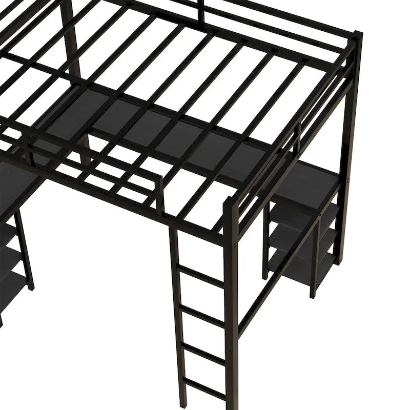 Black Full Size Metal Size Loft Bed with Desk and Shelves, Loft Bed with Ladder and Guardrails, Loft Bed Frame for Bedroom