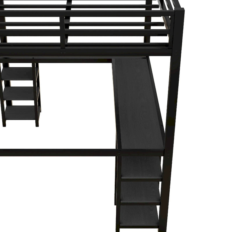 Black Full Size Metal Size Loft Bed with Desk and Shelves, Loft Bed with Ladder and Guardrails, Loft Bed Frame for Bedroom