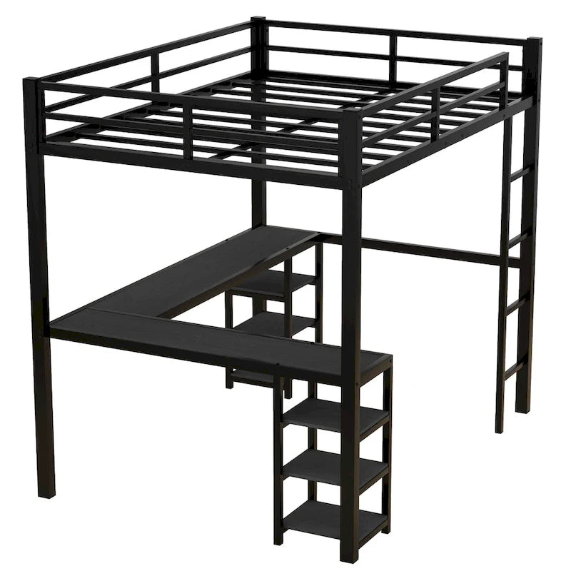 Black Full Size Metal Size Loft Bed with Desk and Shelves, Loft Bed with Ladder and Guardrails, Loft Bed Frame for Bedroom