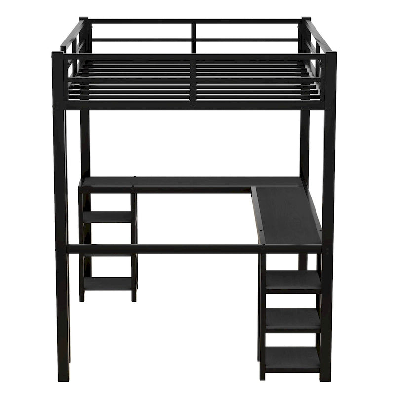 Black Full Size Metal Size Loft Bed with Desk and Shelves, Loft Bed with Ladder and Guardrails, Loft Bed Frame for Bedroom