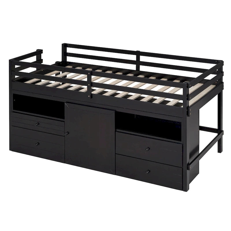 Espresso Twin Size Solid Wood Loft Bed with 4 Drawers, Underneath Cabinet and Shelves