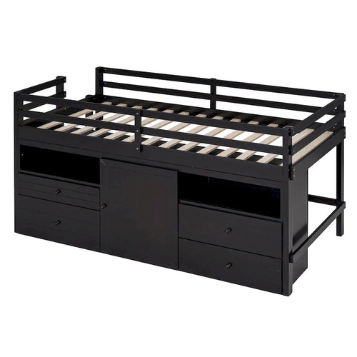 Espresso Twin Size Solid Wood Loft Bed with 4 Drawers, Underneath Cabinet and Shelves