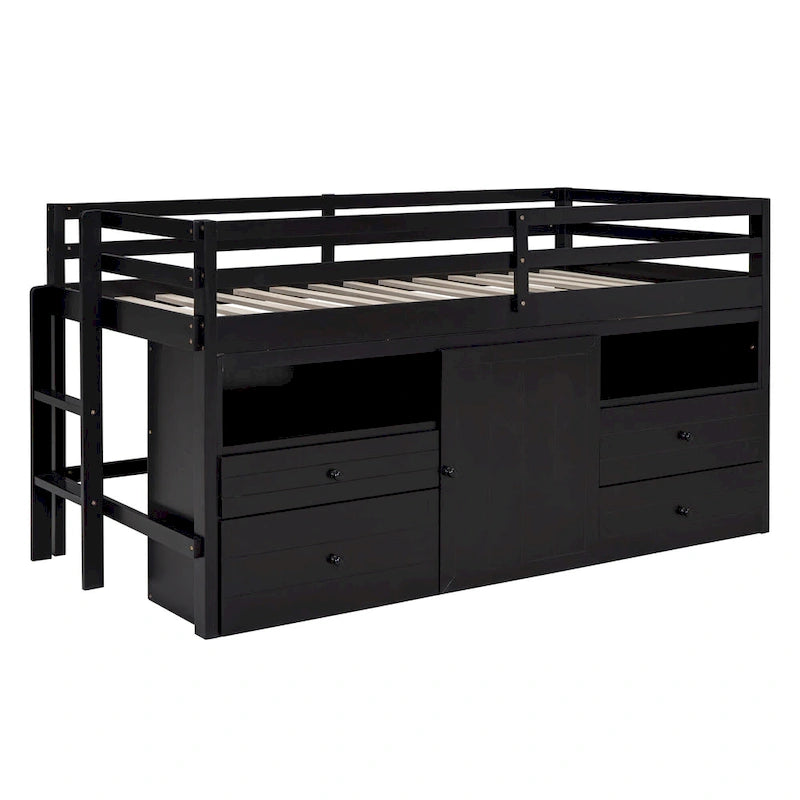 Espresso Twin Size Solid Wood Loft Bed with 4 Drawers, Underneath Cabinet and Shelves