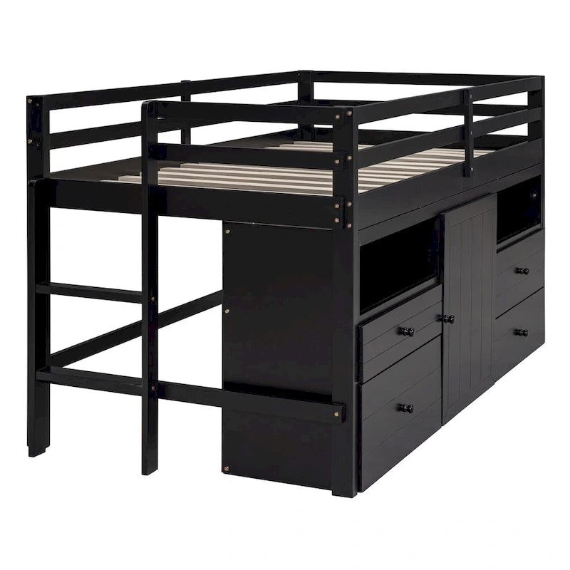 Espresso Twin Size Solid Wood Loft Bed with 4 Drawers, Underneath Cabinet and Shelves