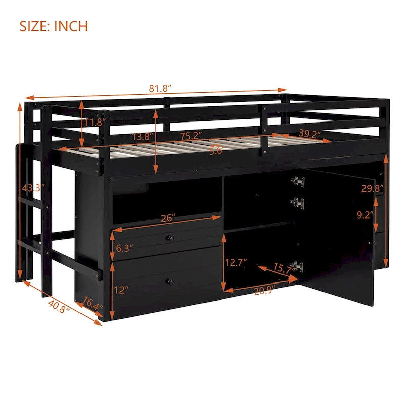 Espresso Twin Size Solid Wood Loft Bed with 4 Drawers, Underneath Cabinet and Shelves