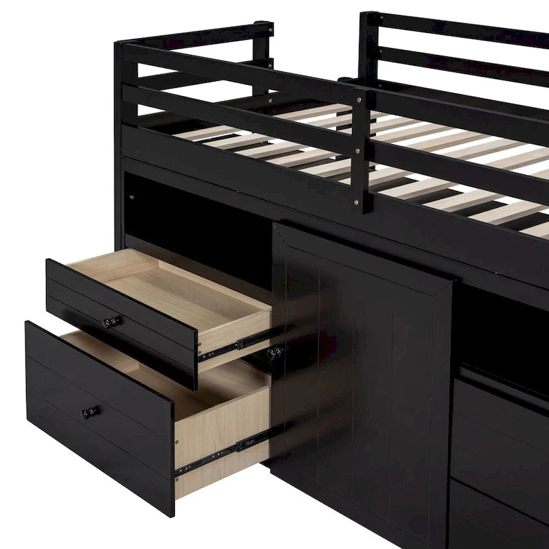 Espresso Twin Size Solid Wood Loft Bed with 4 Drawers, Underneath Cabinet and Shelves