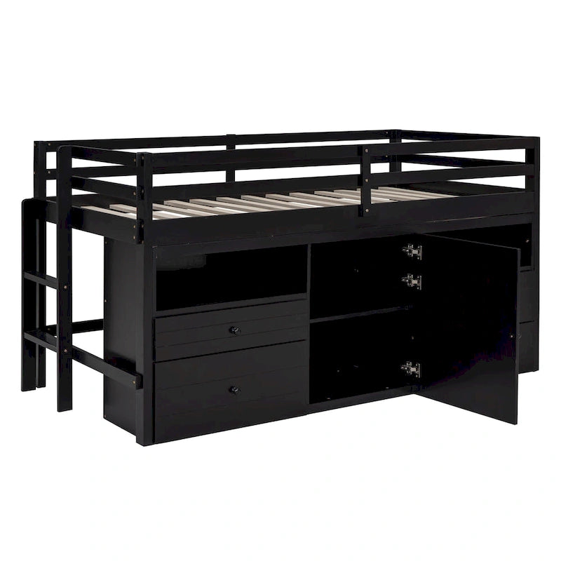 Espresso Twin Size Solid Wood Loft Bed with 4 Drawers, Underneath Cabinet and Shelves