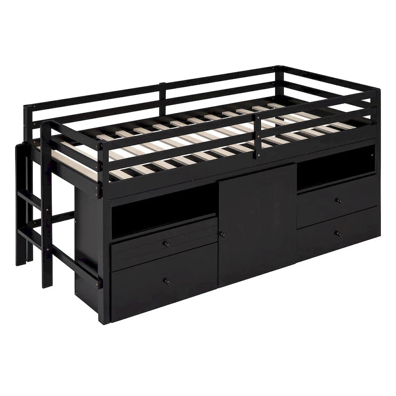 Espresso Twin Size Solid Wood Loft Bed with 4 Drawers, Underneath Cabinet and Shelves
