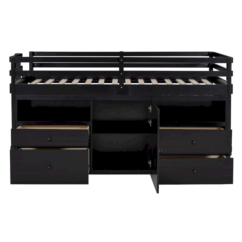 Espresso Twin Size Solid Wood Loft Bed with 4 Drawers, Underneath Cabinet and Shelves
