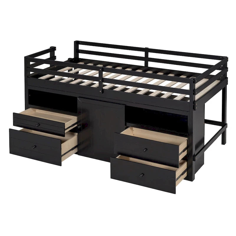Espresso Twin Size Solid Wood Loft Bed with 4 Drawers, Underneath Cabinet and Shelves