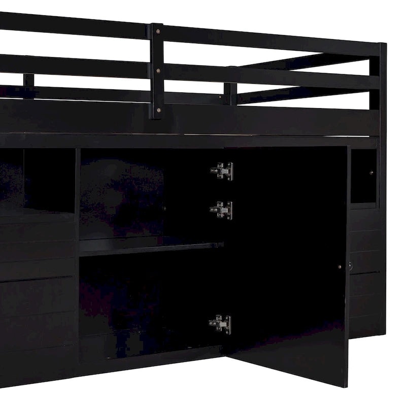 Espresso Twin Size Solid Wood Loft Bed with 4 Drawers, Underneath Cabinet and Shelves