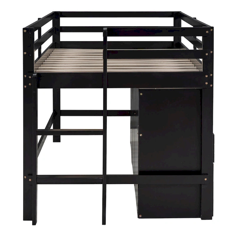 Espresso Twin Size Solid Wood Loft Bed with 4 Drawers, Underneath Cabinet and Shelves