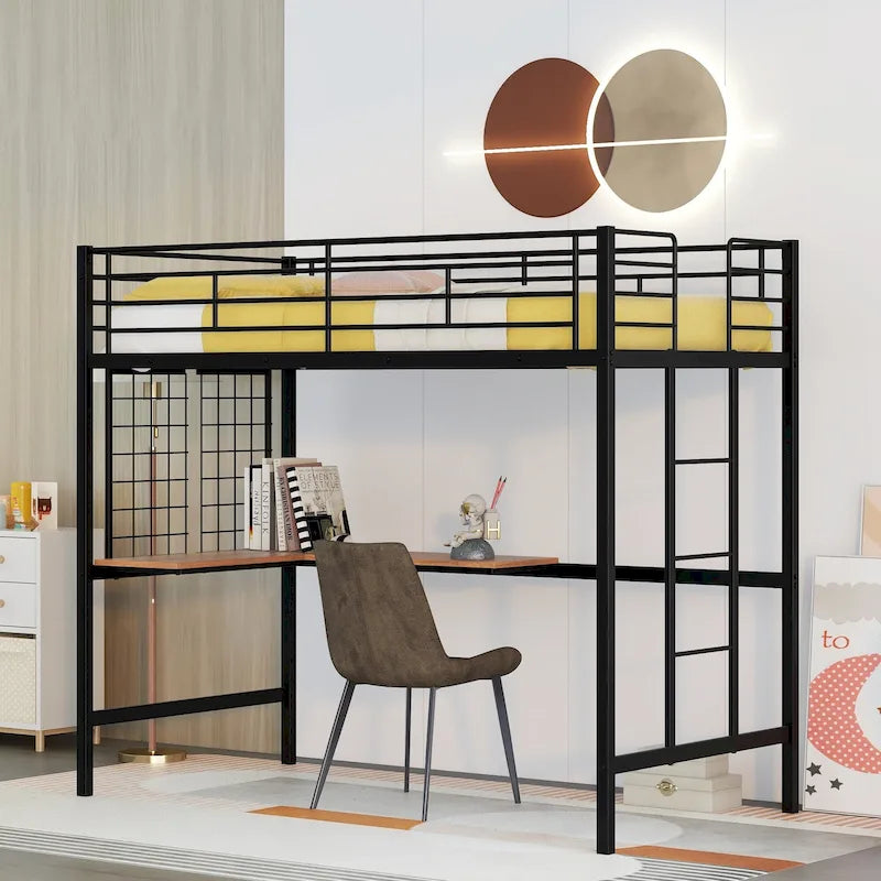 Black Twin Size Metal Loft Bed with Desk, Ladder, and Metal Grid for Kids