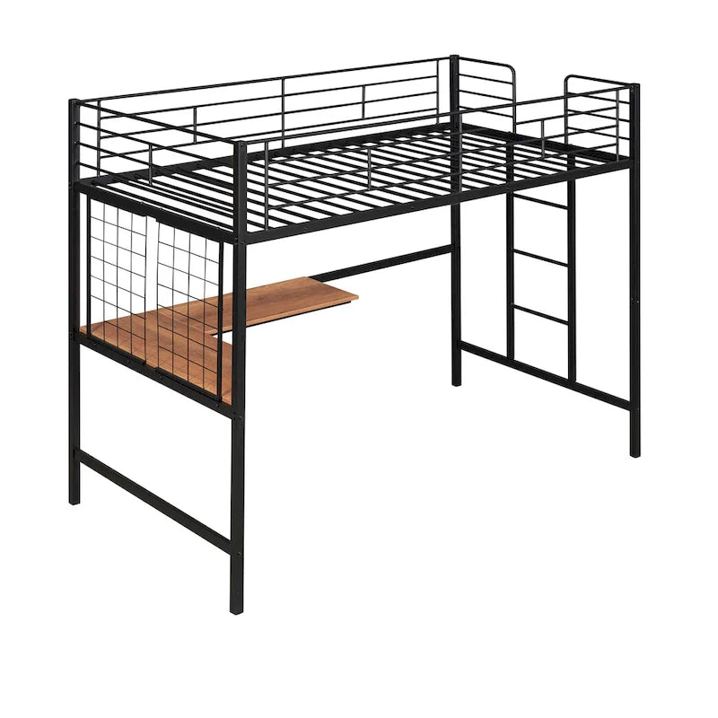 Black Twin Size Metal Loft Bed with Desk, Ladder, and Metal Grid for Kids