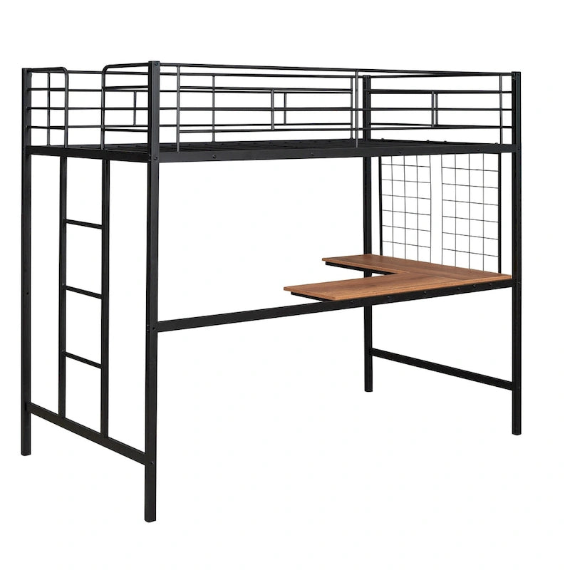 Black Twin Size Metal Loft Bed with Desk, Ladder, and Metal Grid for Kids