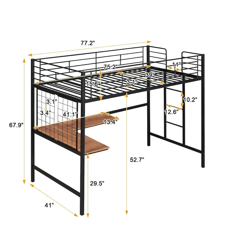 Black Twin Size Metal Loft Bed with Desk, Ladder, and Metal Grid for Kids