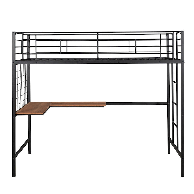 Black Twin Size Metal Loft Bed with Desk, Ladder, and Metal Grid for Kids